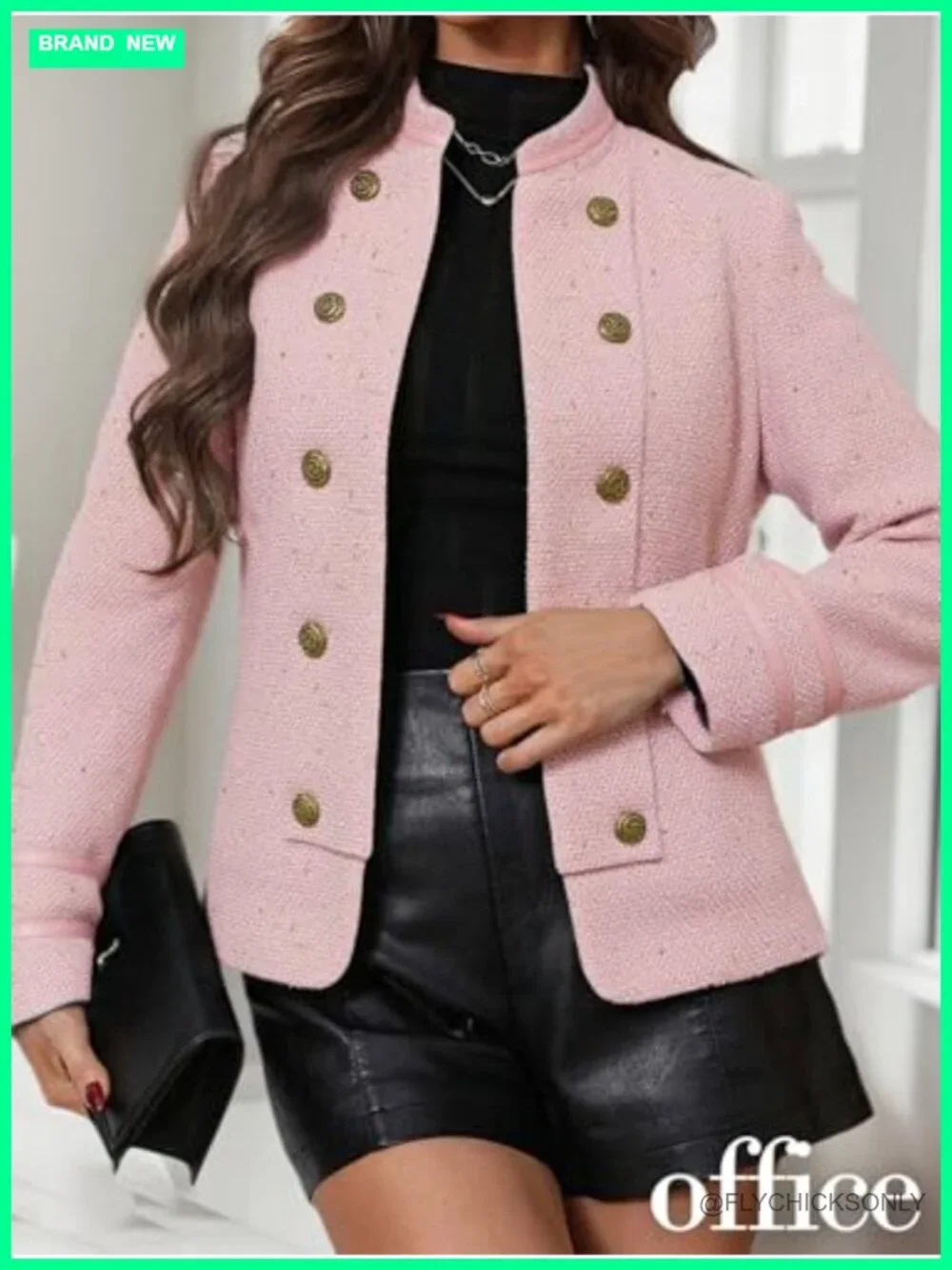 Women's Tweed Blazer Jacket - Open Front Slim Double-Breasted Stand Collar Work